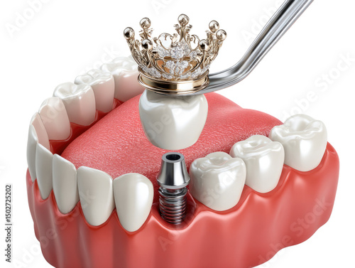 Dental Crown Placement: A detailed depiction of a dental crown being meticulously placed onto an implant, highlighting the precision and artistry involved in restorative dentistry.