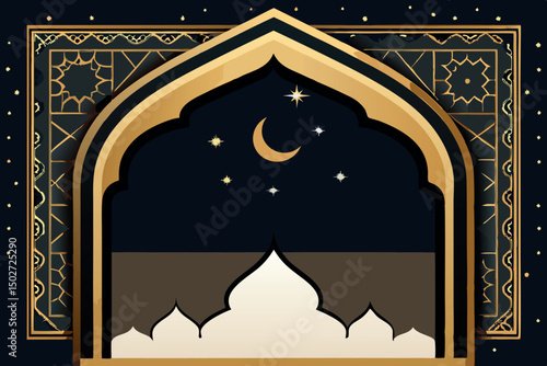 Ramadan invitation design featuring intricate Islamic architecture, golden lanterns, and a crescent moon, ideal for festive announcements