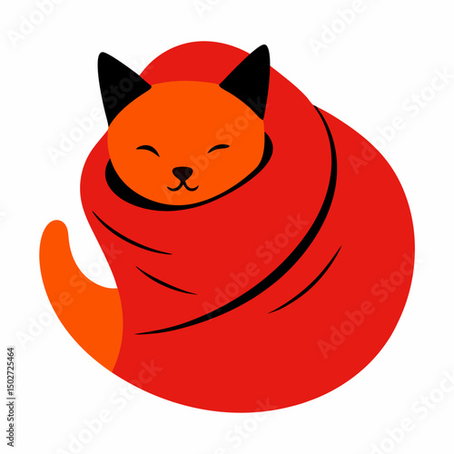 Cat curled in a blanket with white background
