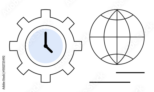 Gear enclosing clock beside a globe grid and lines representing global communication, productivity, and time management. Ideal for business, teamwork, strategy, efficiency, technology, globalization
