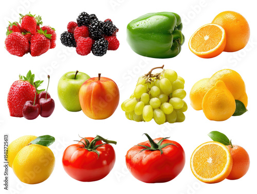 A Symphony of Fresh Produce: A vibrant collection of fresh, colorful fruits and vegetables arranged to capture their natural appeal. A celebration of the harvest's bounty.