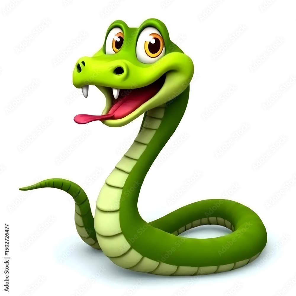 Fototapeta premium 장난기 넘치고 과장된 표정을 지닌 만화 같은 녹색 뱀을 묘사