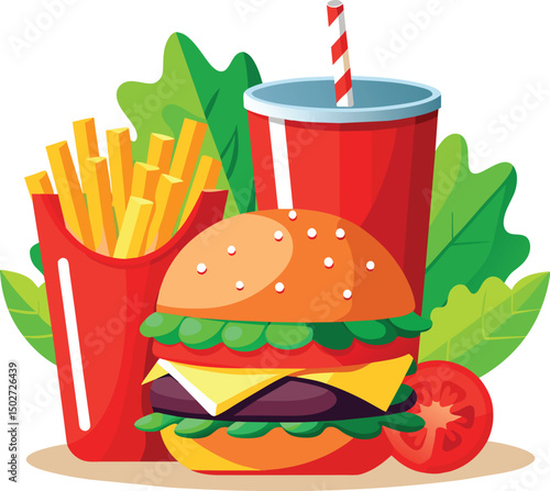 burger and fries and drink design logo vector illustration