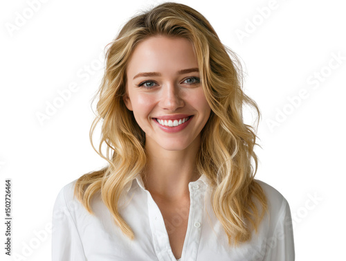 Smiling Woman Portrait: A captivating portrait of a young woman with a radiant smile and long, wavy blonde hair, showcasing natural beauty and confidence.
