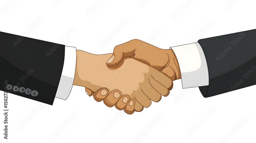 Digital illustration depicts two hands shaking in a business-like manner, wearing suits. Digital illustration depicts two hands shaking in a business-like manner, wearing suits.