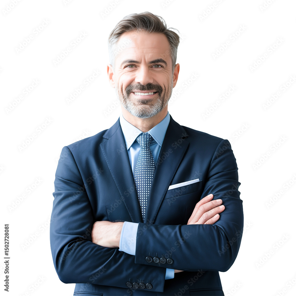 Confident Businessman Smiling in Dark Blue Suit with Arms Crossed, Transparent BG Confident Businessman Smiling in Dark Blue Suit with Arms Crossed, Transparent BG