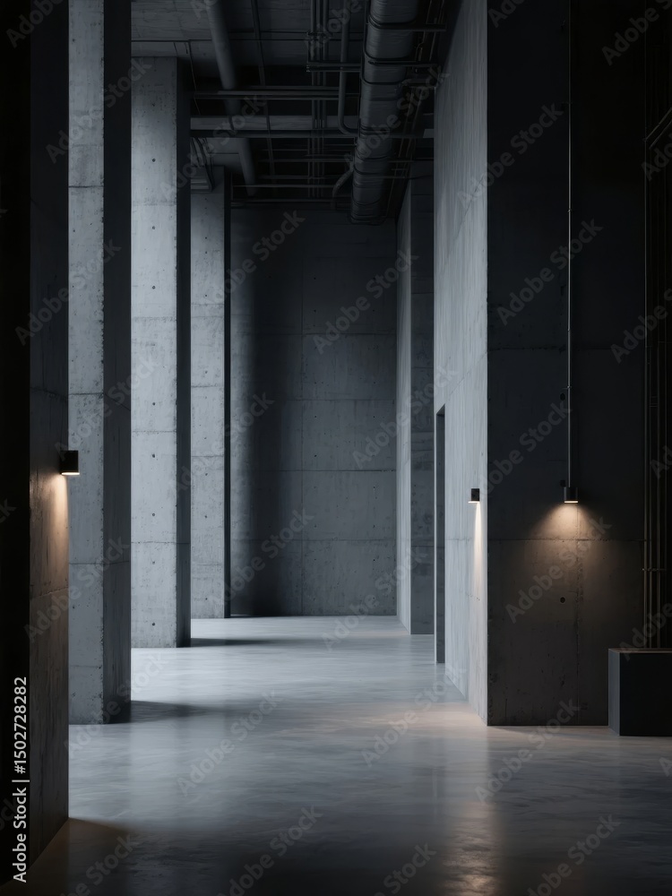 Obraz premium Modern Industrial Hallway with Concrete Walls and Pendant Lights