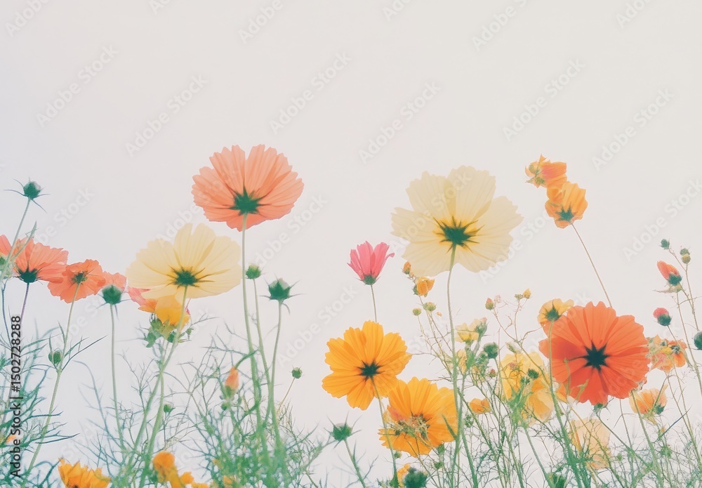 Fototapeta premium Soft-focus cosmos flowers in pastel colors against a light sky