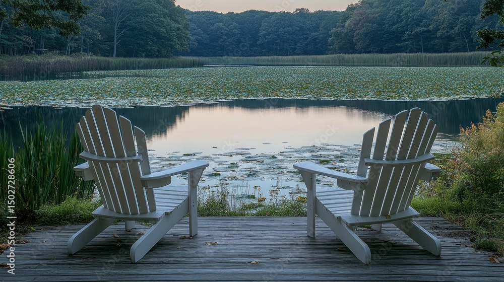 Fototapeta premium Tranquil lakefront scene with Adirondack chairs