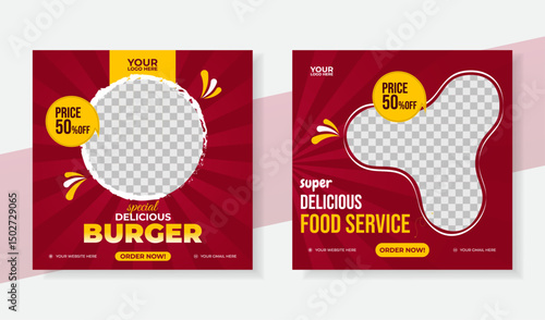Set of Editable square banners. Food instagram post template design. Suitable for Social Media Post Restaurant and culinary Promotion. Red and yellow background color with stripe line shape vector