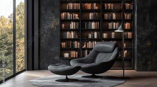 Modern Dark Library with Luxurious Lounge Chair and Bookshelves