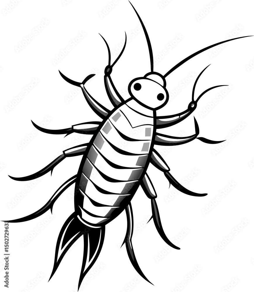 Silverfish line art vector art icon black and white , white background Silverfish line art vector art icon black and white , white background