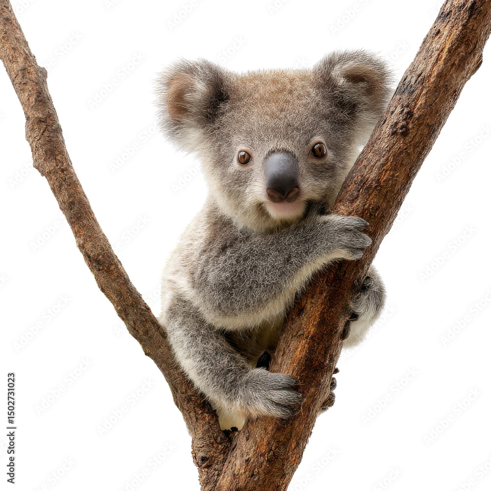 Fototapeta premium Koala Clinging to Branch: A charming close-up of a koala nestled securely on a tree branch, its endearing face and soft fur captivating viewers.