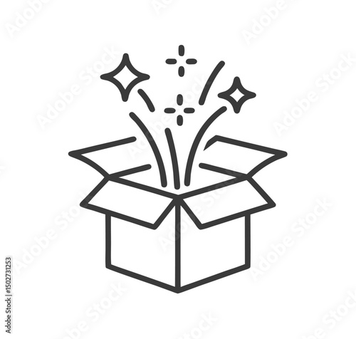 Gift box open icon in line style, Magic box and magic stars, Surprise symbol. vector illustration