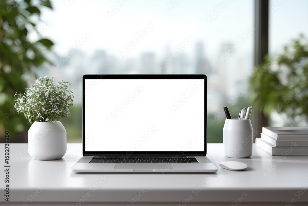 Fototapeta premium clean white room, laptop on right side of table, blank white screen, front view