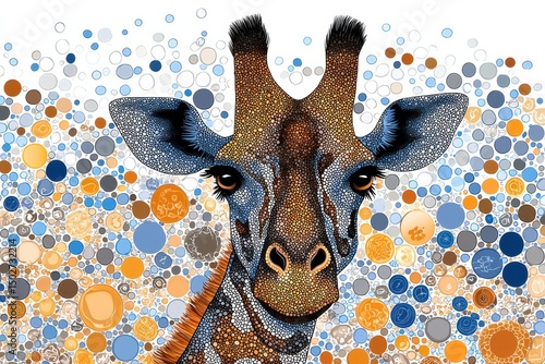 Giraffe Head Illustrated in Pointillism Style with Intricate Detail Blue and Orange Dots