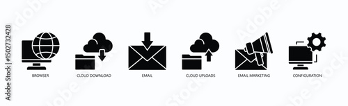 Digital Essentials Pack Icon Set Isolated Vector With Icon Of Browser, Cloud Download, Email, Cloud Uploads, Email Marketing, Configuration In Glyph Style
