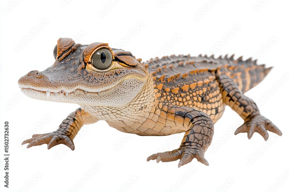Fototapeta premium Juvenile Crocodilian Close Up, Brown and Tan Scales, White Background