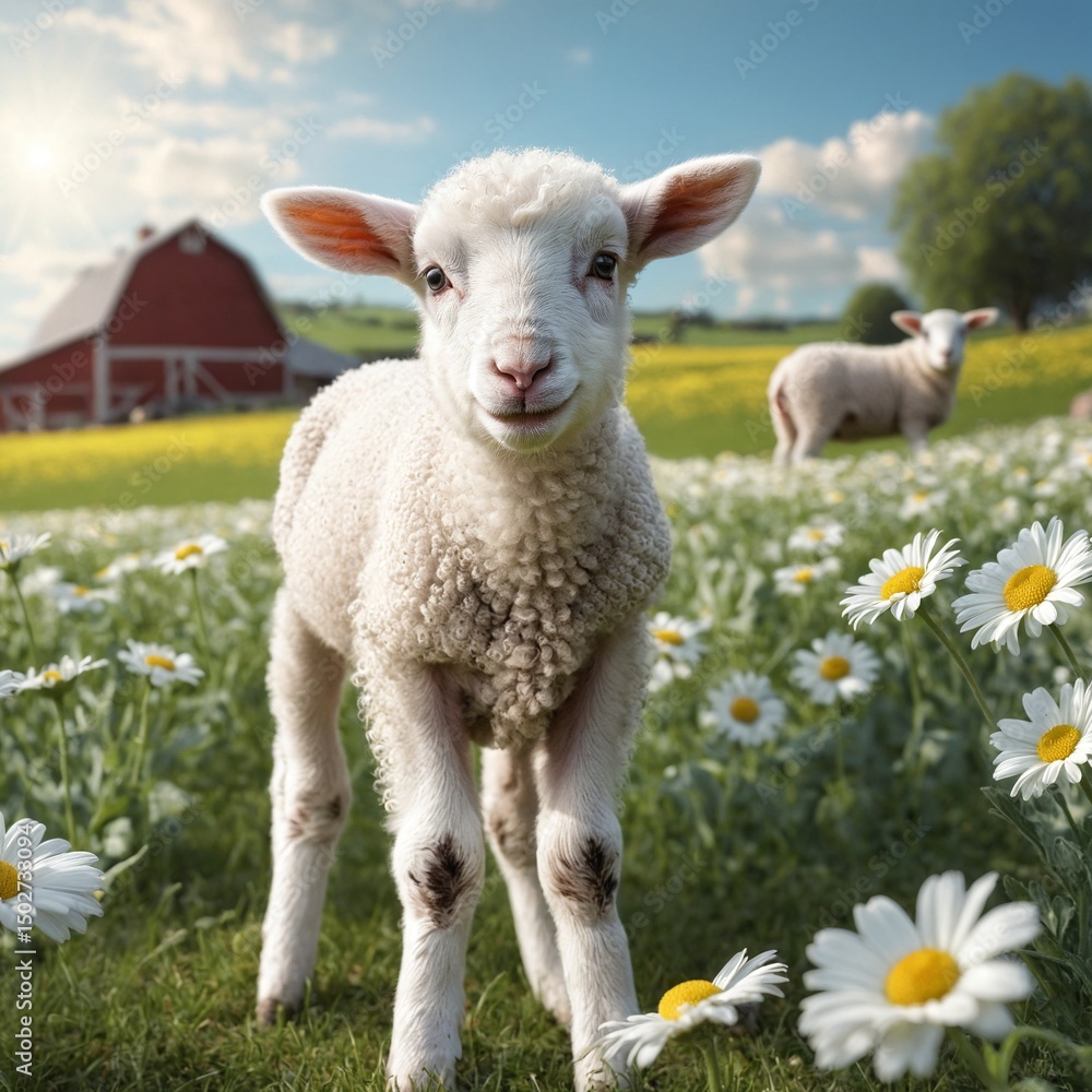 Obraz premium White sheep on green grass floral meadow