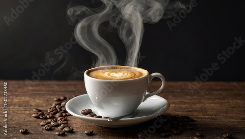 A steaming cup of coffee with steam in the shape of hearts