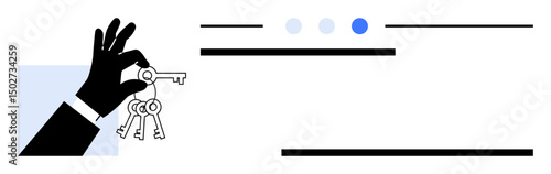 Hand holding a set of keys with minimalist progress steps above. Ideal for access, ownership, security, real estate, property management, permissions, simple landing page