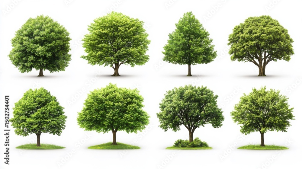 Fototapeta premium Collection of green trees in various shapes and sizes isolated on a white background suitable for backgrounds and nature themes