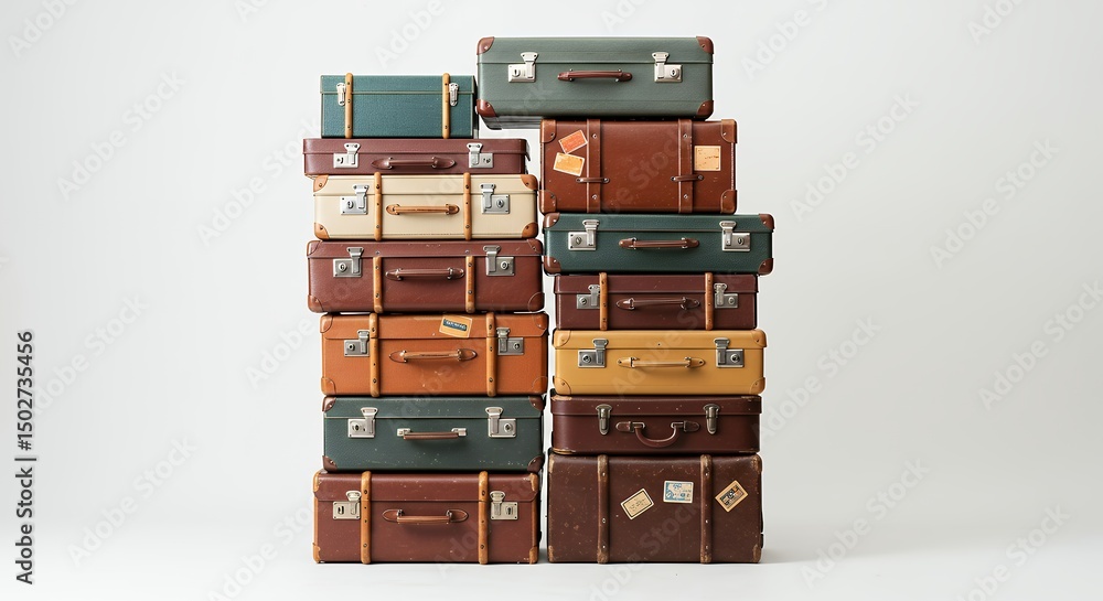 Obraz premium Vintage suitcases stacked in studio setting