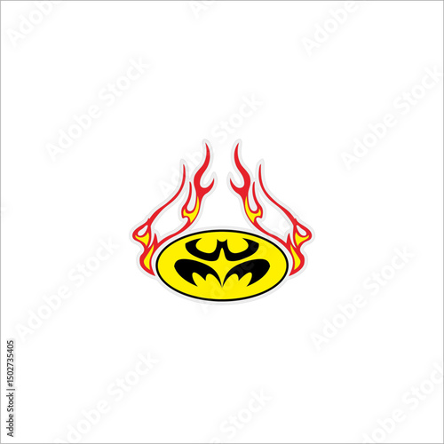 Bold yellow and black bat symbol inside an oval frame surrounded by red flames on a white background.