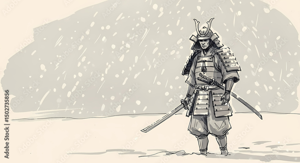 Obraz premium Handdrawn Ink Samurai Warrior in Armor Standing in Snowy Landscape Illustration