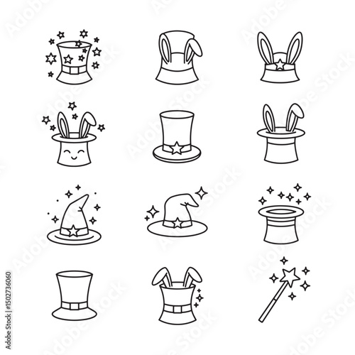 A collection of whimsical black and white line art illustrations featuring magic hats and wands
