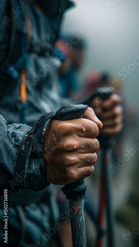 Hiking in the rain with poles for stability. The textured grip allows for a firm hold even when wet on a rugged outdoor adventure.