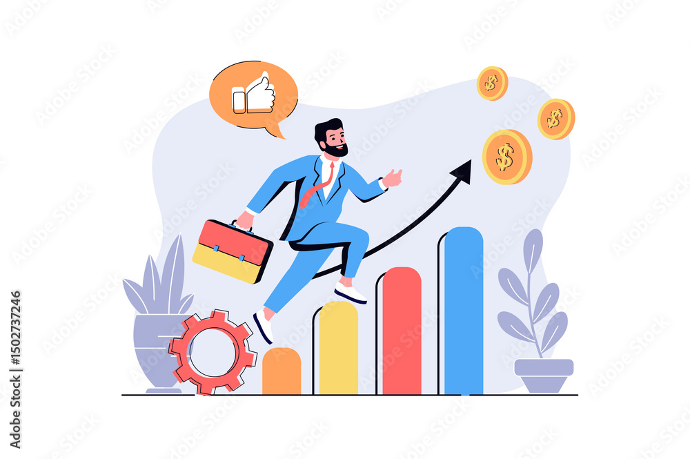Obraz premium Business growth web concept with cartoon people design. Businessman successfully developing company, increases sales performances at graphs. Flat illustration isolated on white background.