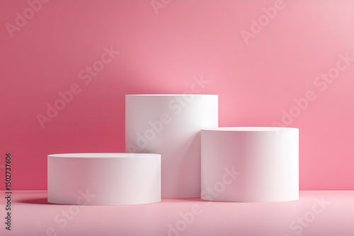Minimalist elegant scene with three white cylindrical podiums in a row on soft pastel pink background