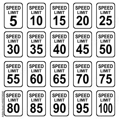 Set of speed limit signs from 5 to100 mph. Vector illustration design.