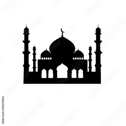 Majestic silhouette of a mosque at twilight with minarets and crescent moon, showcasing Islamic architecture and grandeur