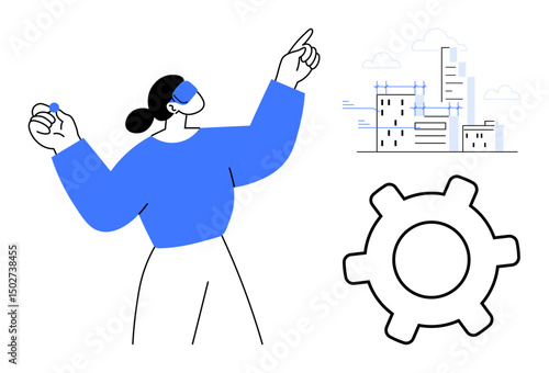 Woman gesturing toward urban design with construction blueprints, gear symbolizing engineering. Ideal for innovation, planning, teamwork, creativity, problem-solving, design progress concepts. Flat