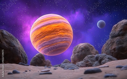 Pixelated Orange and Purple Banded Planet Floating Above Rocky Terrain with Starry Nebula