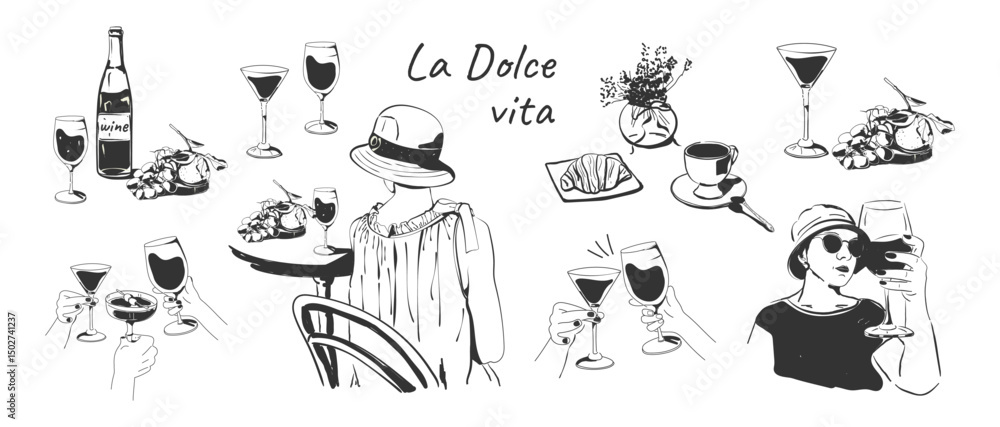 Naklejka premium A set of doodle elements for branding, menu design, and party invitations: wine, hands with glasses, a plate of fruit, sketches of female silhouettes, coffee, and a croissant. A hand-drawn vector
