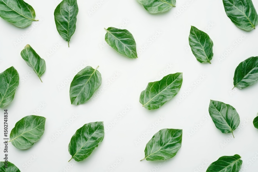 Fresh green leaves arranged on a white background Fresh green leaves arranged on a white background
