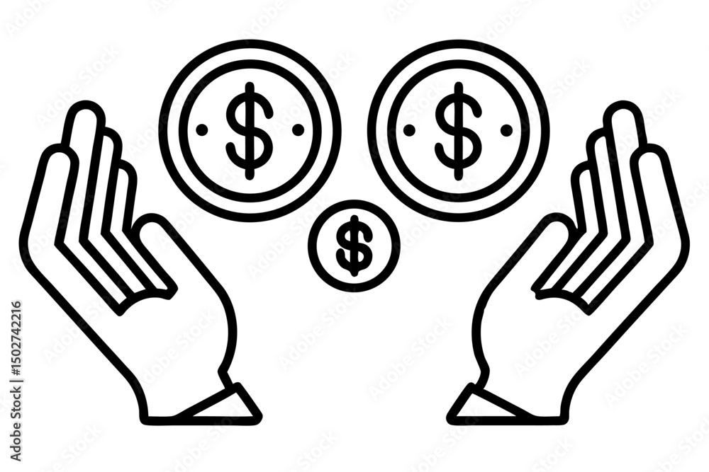 Obraz premium A collection of minimalist business and finance line icons in black outline style. This vector set includes icons of handshakes, giving and receiving money, charity donations, holding coins, financial
