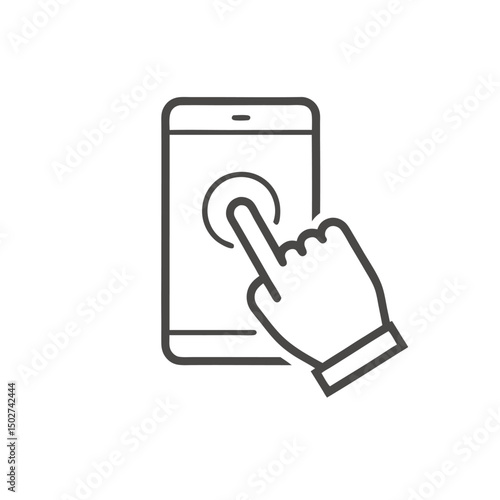 Hand touch smartphone icon in line style. Cursor finger vector illustration on white isolated background. Hand touch screen for app, web design and business concept.