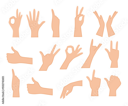 Set of hands showing different gestures isolated on a white background. Vector flat illustration of female and male hands. vector icon illustration
