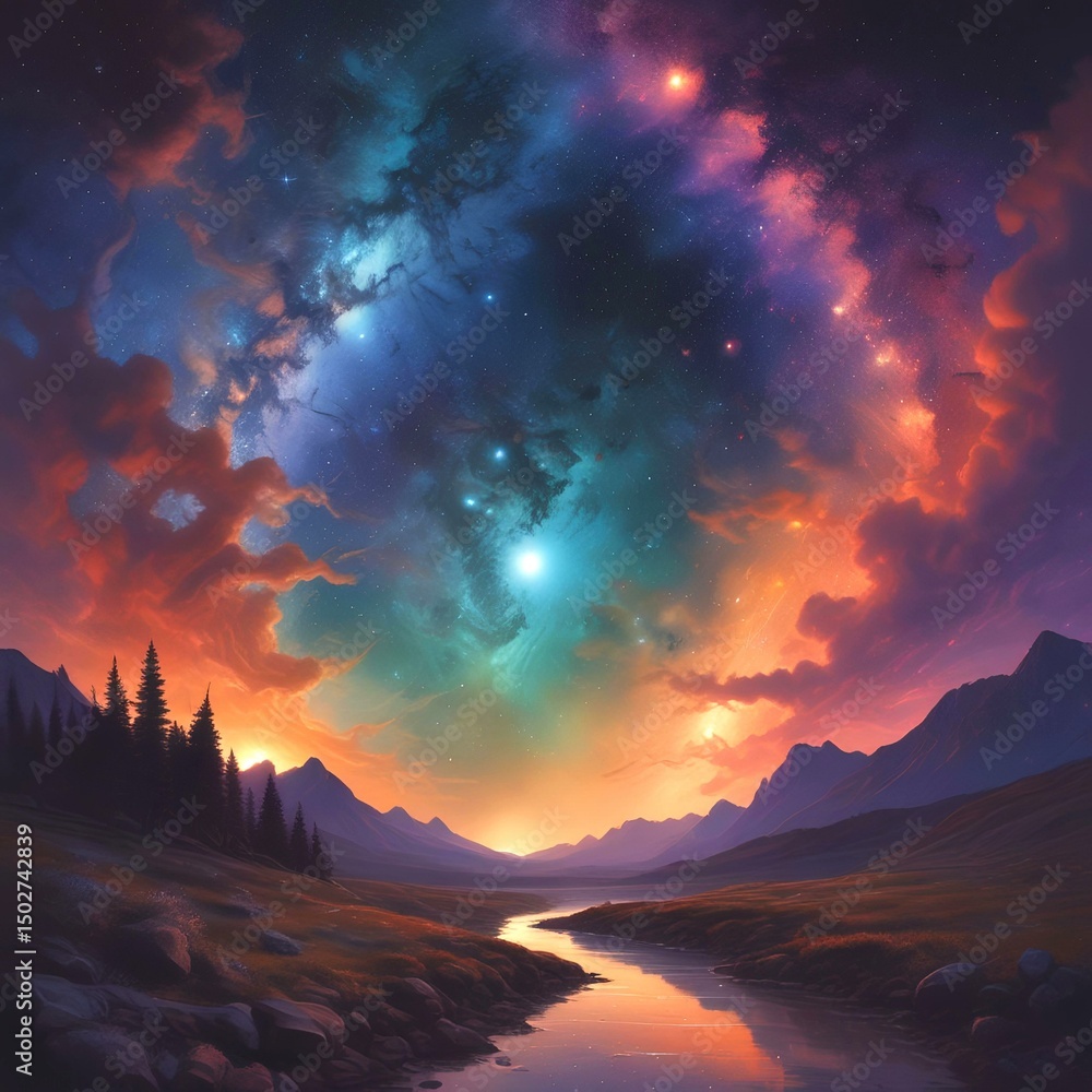 Illustration of wild landscape with milky way nebula and stars on the bright night sky. Illustration of wild landscape with milky way nebula and stars on the bright night sky.