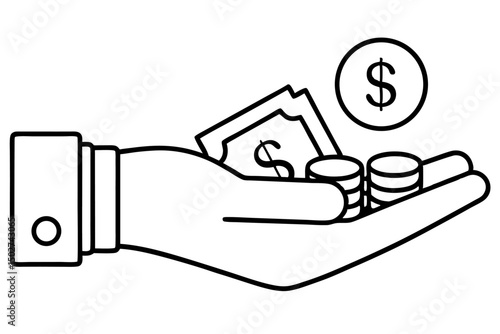 A collection of minimalist business and finance line icons in black outline style. This vector set includes icons of handshakes, giving and receiving money, charity donations, holding coins, financial