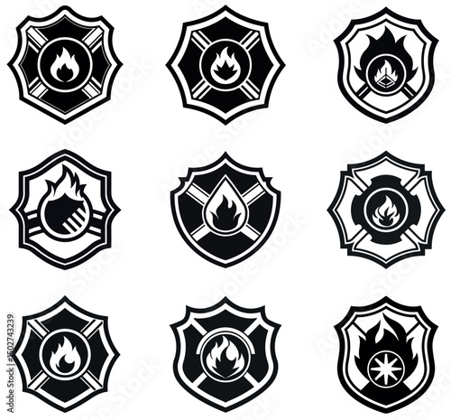 Firefighter Badges Icons Collection Black and White Fire Service Emblems