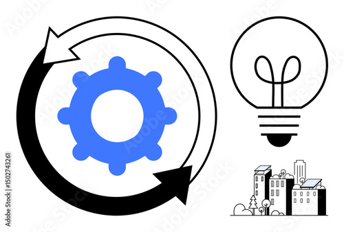 Blue gear encircled by arrows beside a glowing light bulb and simple cityscape. Ideal for creativity, innovation, business strategy, sustainability, teamwork, urban planning, flat simple metaphor