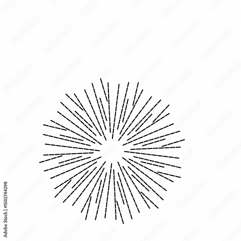 Obraz premium Radiating dotted lines forming a circular starburst pattern on a white background. Minimalist abstract design ideal for backgrounds, digital art, motion graphics