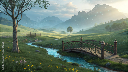 Surreal Fantasy Scenery with Tree, Stream, and Twilight Magic
