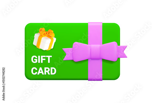 3d green gift card with purple bow, and gift box. Gift certificate for promotion of goods for holidays, birthdays and discount coupon concept. Stock vector illustration on isolated background.