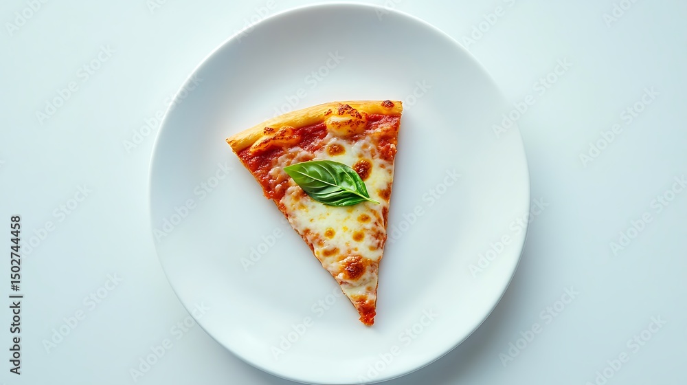 A slice of Margherita pizza with basil on a white plate A slice of Margherita pizza with basil on a white plate